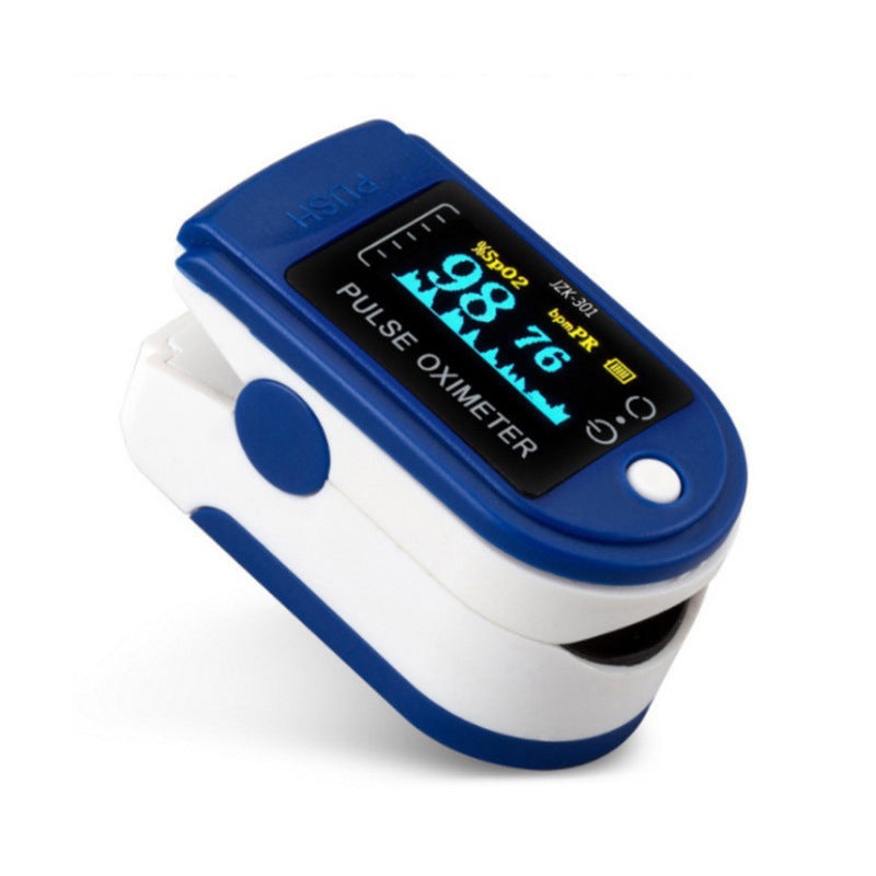 Blauer Finger-Pulsoximeter, digitales Display, misst Sauerstoffsättigung und Pulsfrequenz.