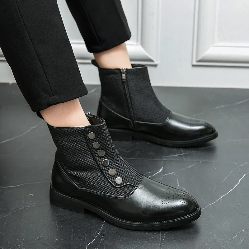 Schwarze Herrenstiefeletten aus Leder mit Knöpfen, elegantes Design, rutschfeste Sohle.