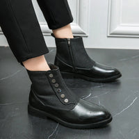 Schwarze Herrenstiefeletten aus Leder mit Knöpfen, elegantes Design, rutschfeste Sohle.