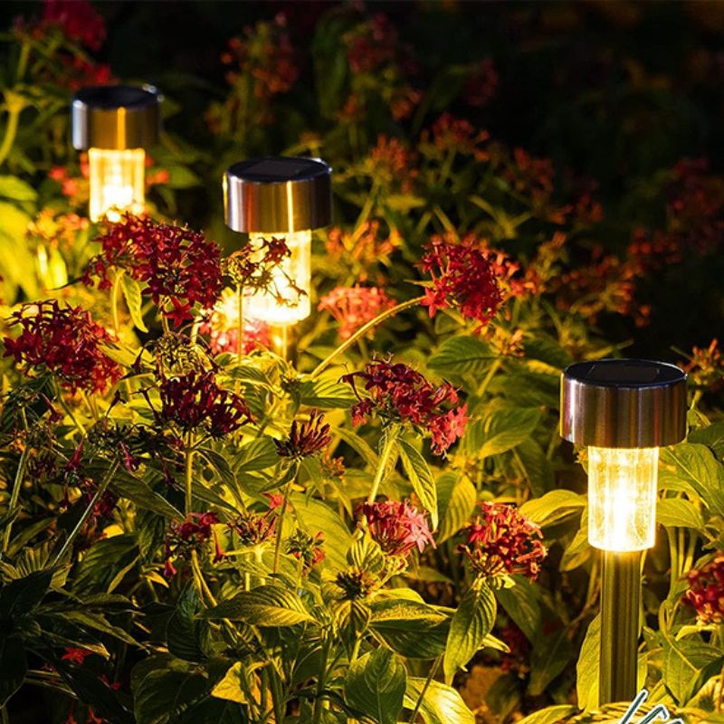 Solarbetriebene Gartenleuchten aus Edelstahl, beleuchten Blumenbeet, energiesparend, wetterfest.