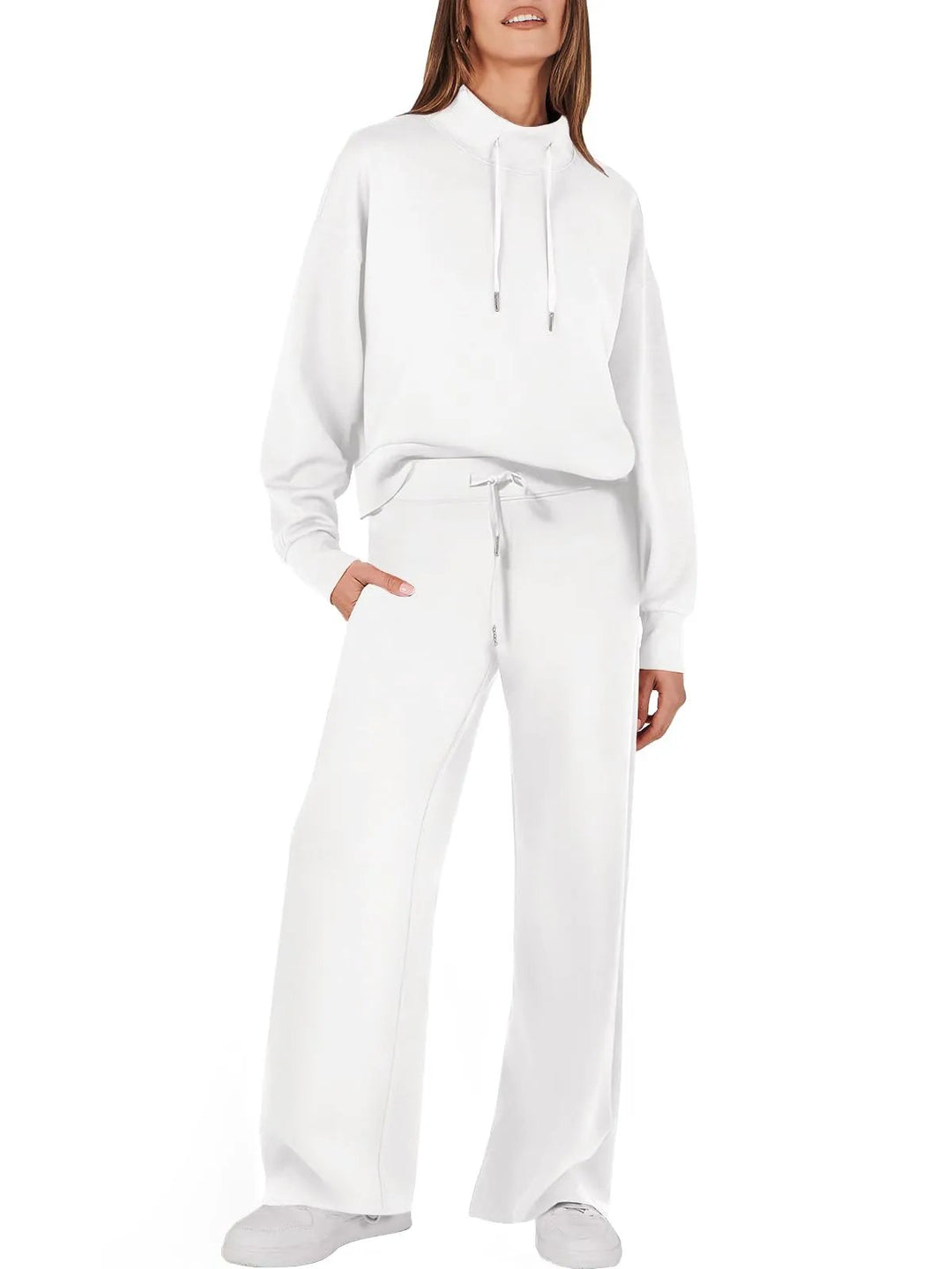 Damen Zweiteiler Set, weiß, Kapuzenpullover und Hose, bequem, Freizeitmode, Baumwolle.