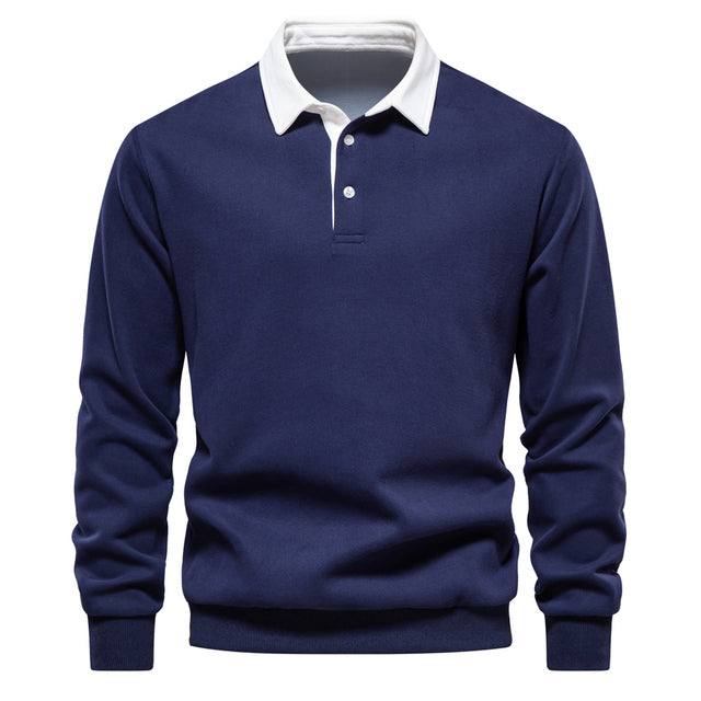 Blauer Herren-Pullover mit Polo-Kragen, Langarm, Baumwolle, Herbstmode 2023.