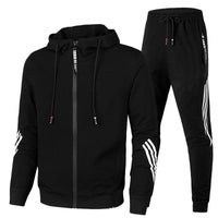 Schwarzer Herren-Trainingsanzug mit Kapuze, Reißverschluss und Streifen, Sportbekleidung.
