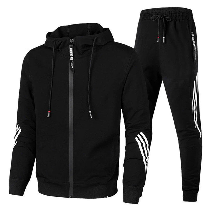 Schwarzer Herren-Trainingsanzug mit Kapuze, Reißverschluss und Streifen, Sportbekleidung.