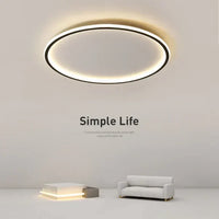 Moderne LED-Deckenleuchte, rund, minimalistisch, Wohnzimmer, energiesparend, warmweiß.