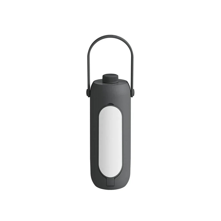 Dunkelgraue tragbare LED-Laterne mit Griff, ideal für Camping und Outdoor-Aktivitäten.