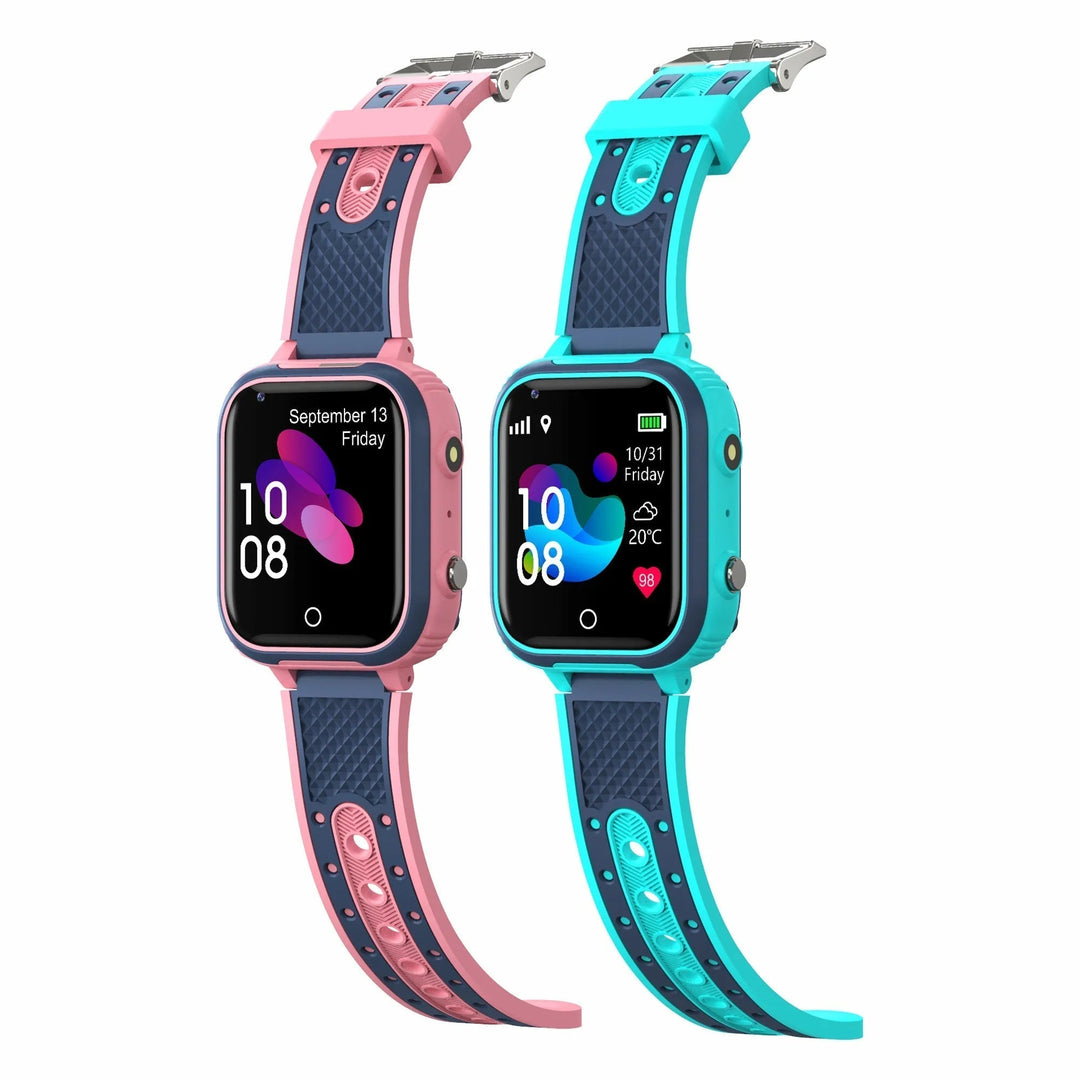 Zwei Smartwatches für Kinder, rosa und blau, mit Silikonarmband und Touchscreen.