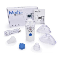 Tragbarer Mesh-Vernebler mit Zubehör, USB-Kabel und Bedienungsanleitung, weiß-blau.