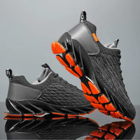 Graue Sportschuhe mit orangefarbener Sohle, atmungsaktives Mesh, rutschfest, Herren Sneaker.