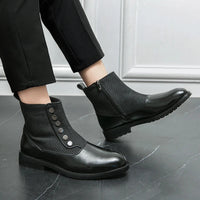Schwarze Lederstiefeletten mit Knöpfen, elegantes Design, Damenmode, Herbst-Winter-Schuhe.