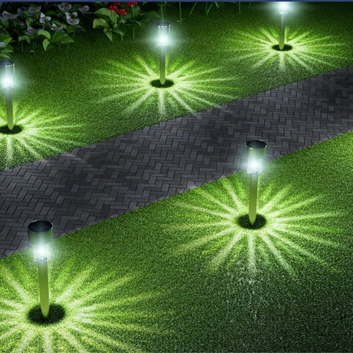 Solarbetriebene Gartenleuchten auf Rasen neben gepflastertem Weg, energiesparend, modern.