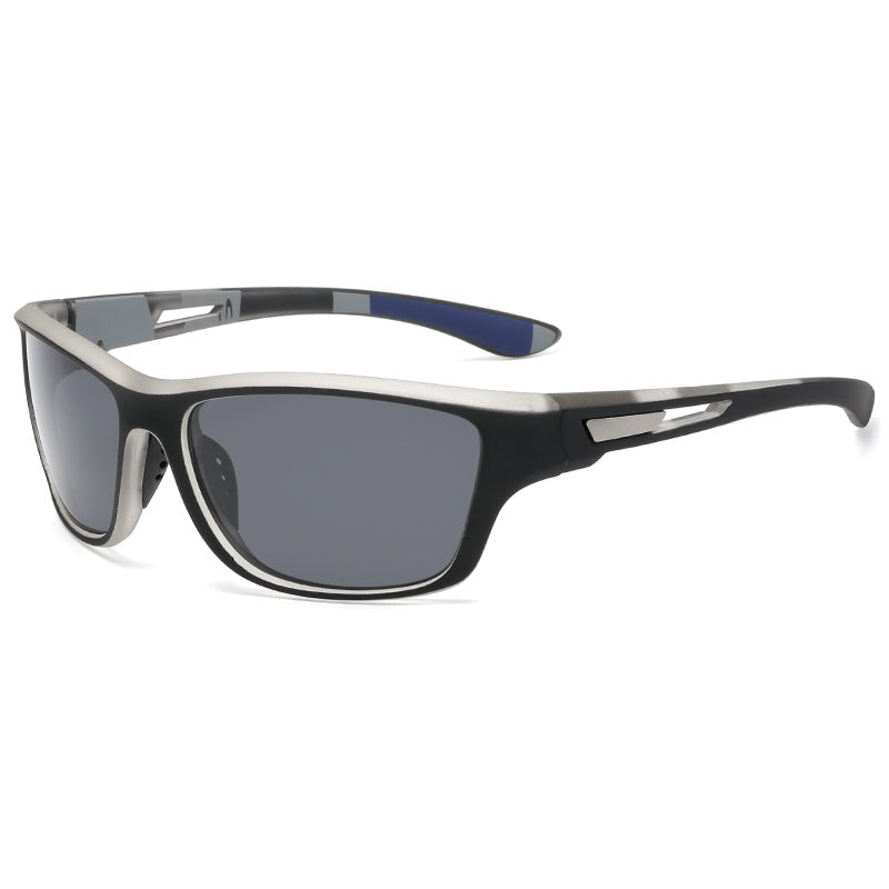 Schwarze Sonnenbrille mit grauen Gläsern, sportliches Design, Unisex, UV-Schutz.