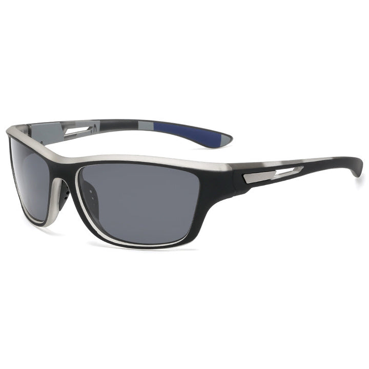 Schwarze Sonnenbrille mit grauen Gläsern, sportliches Design, Unisex, UV-Schutz.