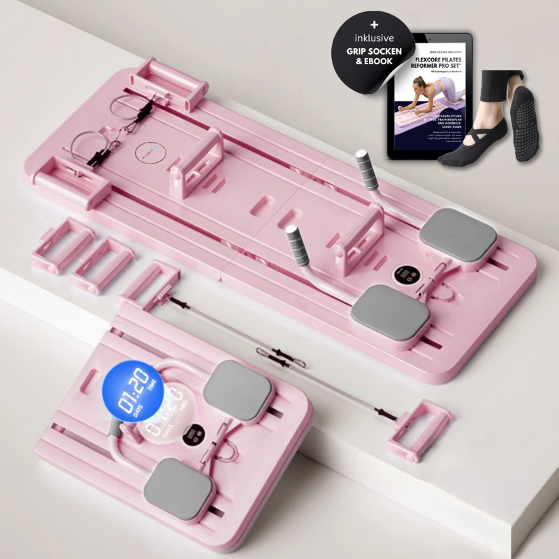Rosa Pilates-Reformer-Set mit Zubehör, inkl. Socken und E-Book, für Heimtraining.