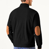 Schwarze Herrenjacke mit braunen Ellbogen-Patches, Stehkragen, Freizeitmode.