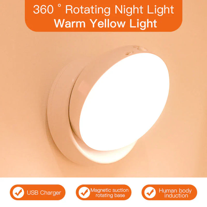 360° drehbares Nachtlicht, warmes Gelb, USB-Ladegerät, magnetische Basis, Bewegungssensor