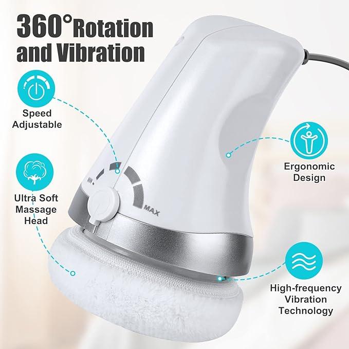 Elektrisches Massagegerät, weiß, ergonomisch, 360° Rotation, verstellbare Geschwindigkeit.