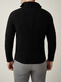 Schwarzer Kaschmir-Cardigan mit Reißverschluss, Herrenmode, italienisches Design, Rückansicht.