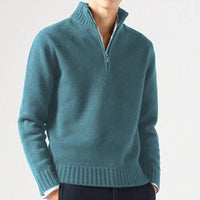 Blauer Herrenpullover mit halbem Reißverschluss, Stehkragen, warm, Herbst Winter Mode.