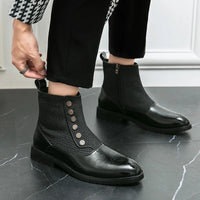 Schwarze Herrenstiefeletten mit Knöpfen, Leder und Stoff, elegant, modern, für Herbstmode.