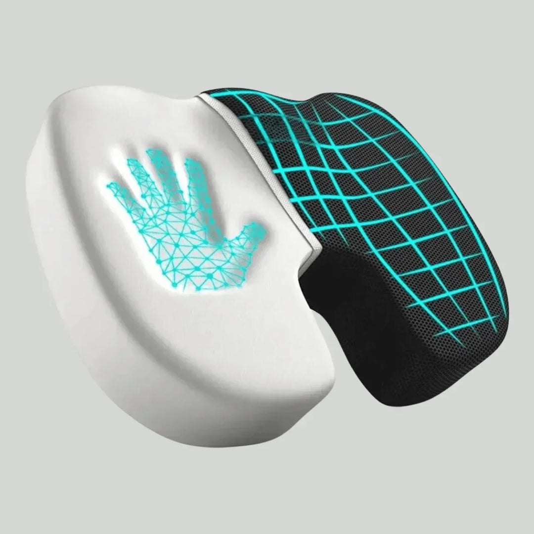 Ergonomisches Memory-Schaum-Kissen, weiß, mit schwarzem Netzbezug und Handabdruck-Design.