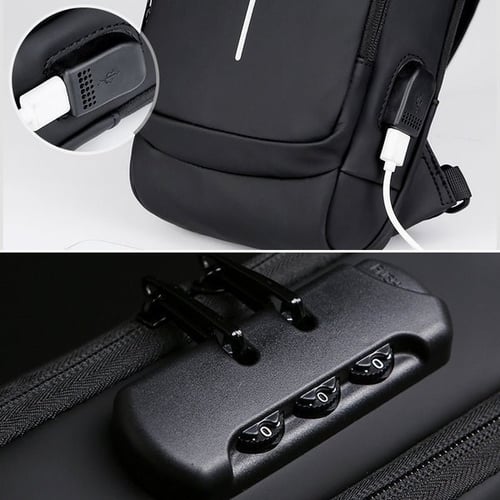Schwarzer Rucksack mit USB-Anschluss und Zahlenschloss, ideal für Reisen und Sicherheit.