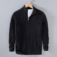Schwarzer Strickpullover mit Reißverschluss, Zopfmuster, Herrenmode, Winterkleidung, Baumwolle.