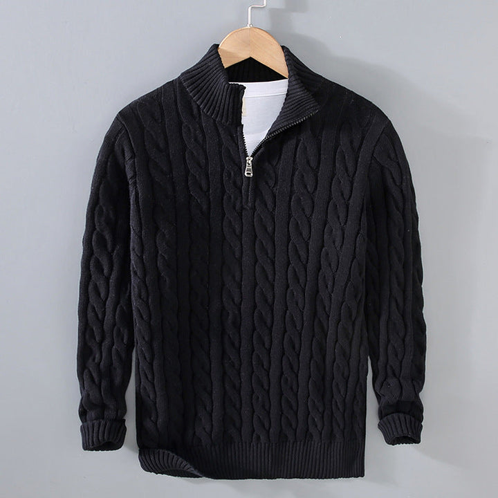 Schwarzer Strickpullover mit Reißverschluss, Zopfmuster, Herrenmode, Winterkleidung, Baumwolle.