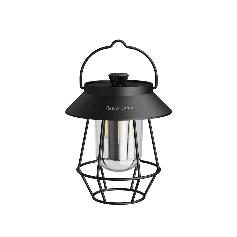 Schwarze Retro-Laterne aus Metall, LED, tragbar, für Garten oder Camping.