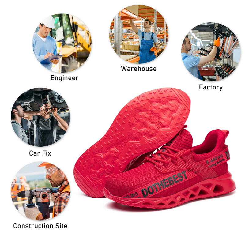 Rote Sicherheitsschuhe mit Stahlkappe, leicht, unisex, rutschfest, für Bau und Industrie.