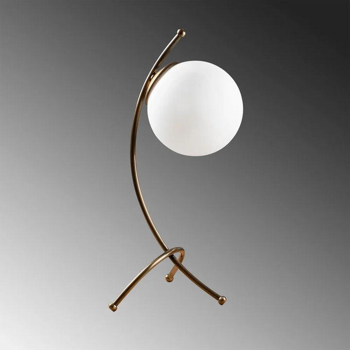 Moderne Tischleuchte Alistair, 43 cm, gebogenes Metall, weißer Glaslampenschirm.