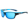 Schwarze und blaue Sonnenbrille mit blauen Gläsern, sportliches Design, UV-Schutz.