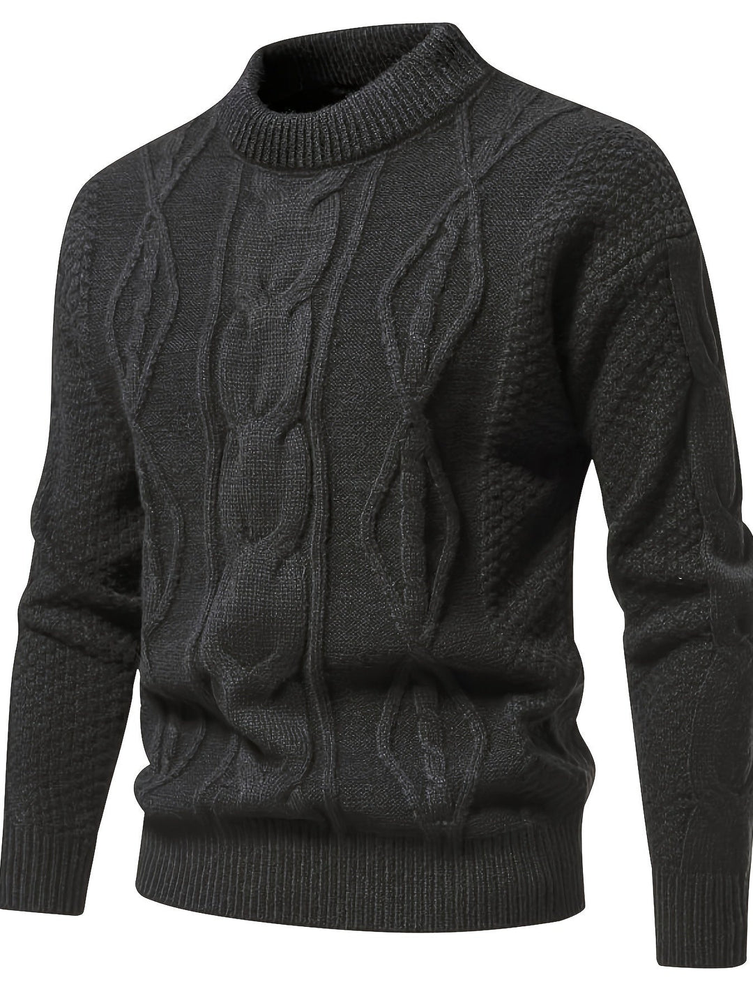 Dunkelgrauer Strickpullover, Zopfmuster, Herrenmode, warm, elegant, Winterkleidung.