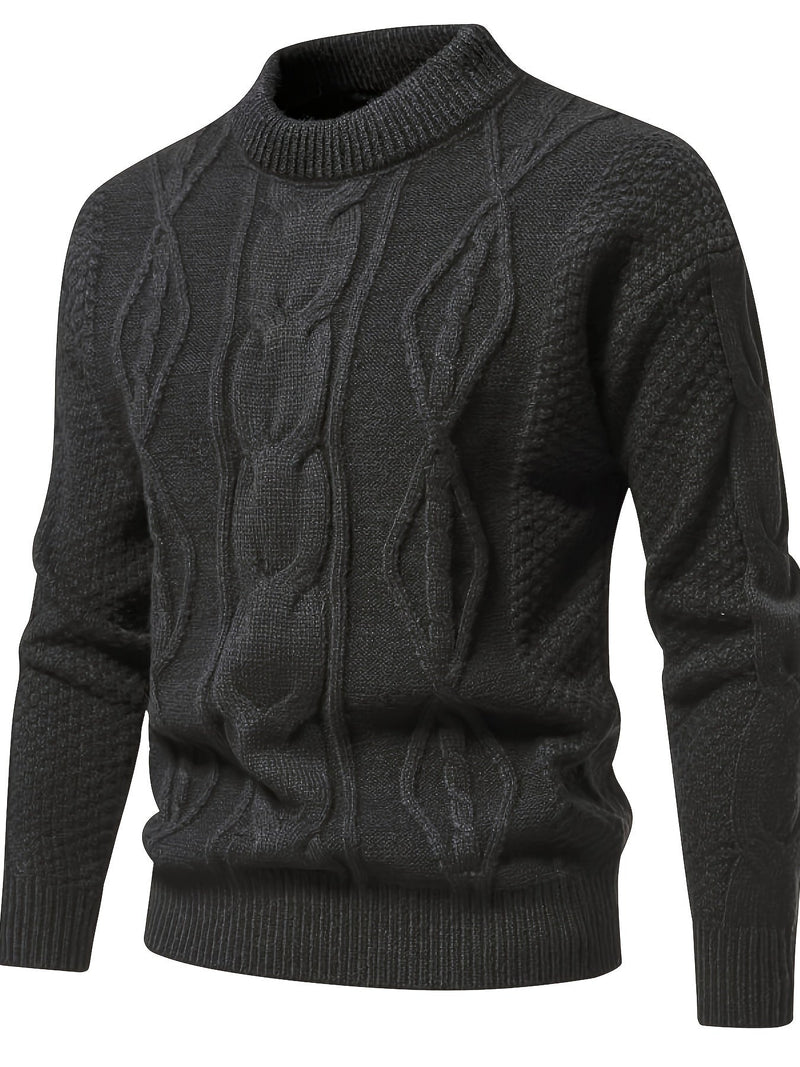 Dunkelgrauer Strickpullover, Zopfmuster, Herrenmode, warm, elegant, Winterkleidung.