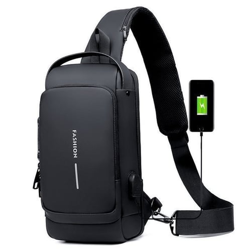 Schwarze Umhängetasche mit USB-Ladeanschluss, modisches Design, ideal für Reisen und Alltag.