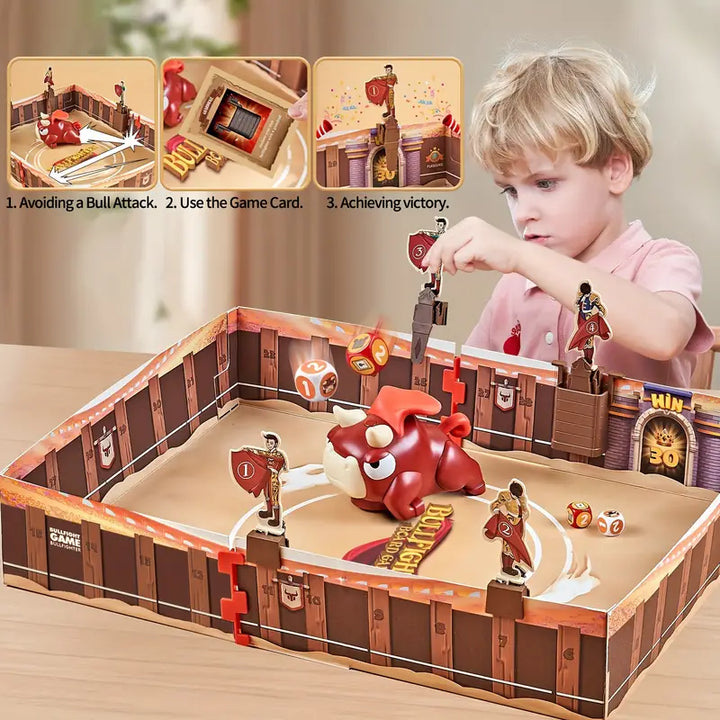 Kinderspielzeug Rodeo-Actionspiel, roter Bulle, Würfel, Kind spielt, interaktives Brettspiel.