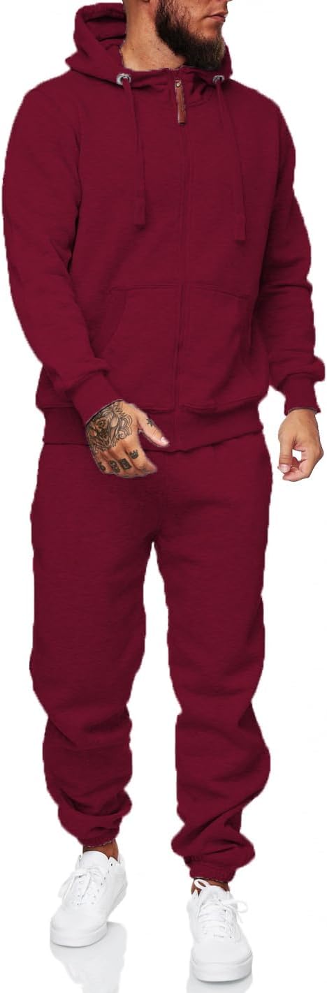 Männer Jogginganzug, bordeauxrot, Kapuzenpullover und Jogginghose, Freizeitmode, Baumwolle.