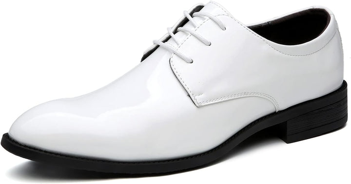 Weiße Herren-Lacklederschuhe, elegantes Design, Schnürschuhe, formelle Anlässe.
