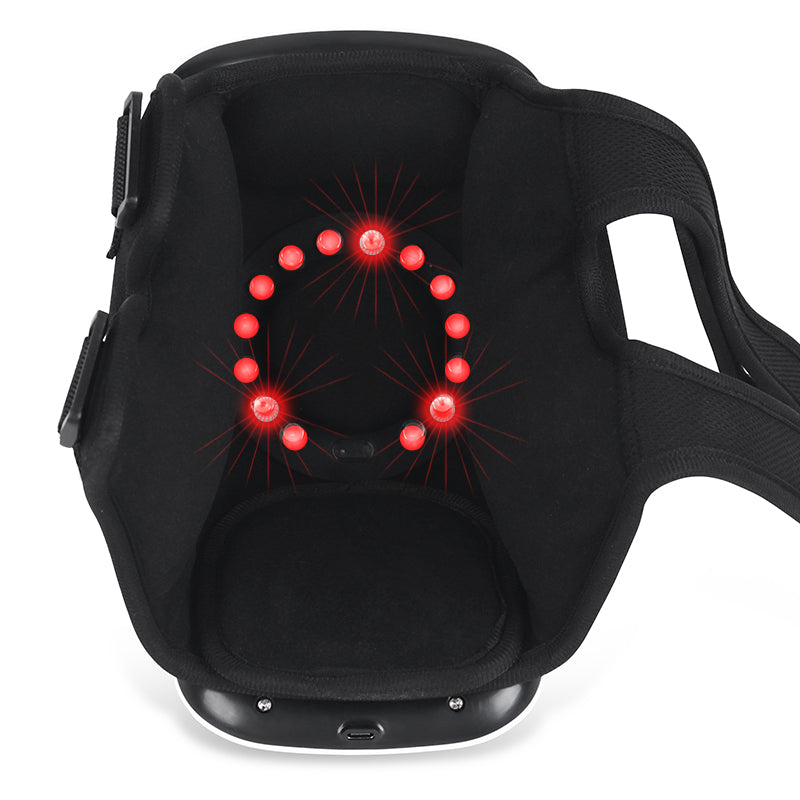 Schwarzes Nackenmassagegerät mit roten LED-Lichtern, ergonomisch, für Entspannung und Schmerzlinderung.