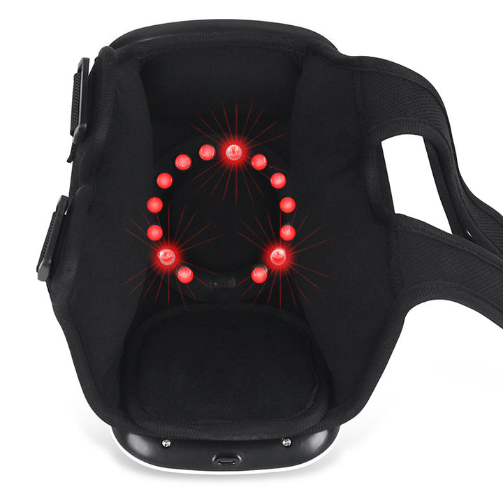 Schwarzes Nackenmassagegerät mit roten LED-Lichtern, ergonomisch, für Entspannung und Schmerzlinderung.