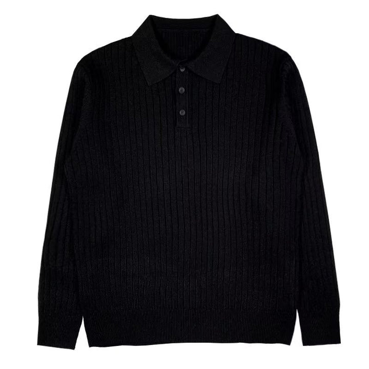 Schwarzer Strickpullover mit Kragen und Knopfleiste, Herrenmode, elegant, warm, klassisch.