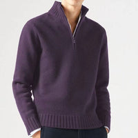 Lila Herrenpullover mit halbem Reißverschluss, Stehkragen, warm, Herbst Winter Mode.