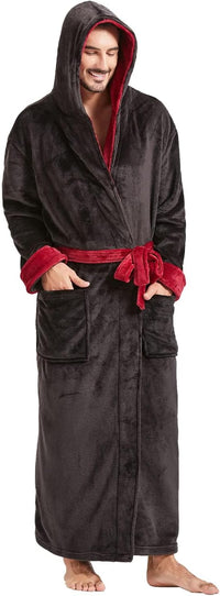 Männer Bademantel Fleece, schwarz-rot, Kapuze, Taschen, Gürtel, gemütlich, warm, lang.