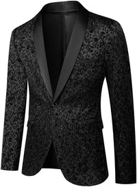 Schwarzes Herren-Sakko mit floraler Stickerei, Satin-Revers, elegant, festlich, Anzugjacke.