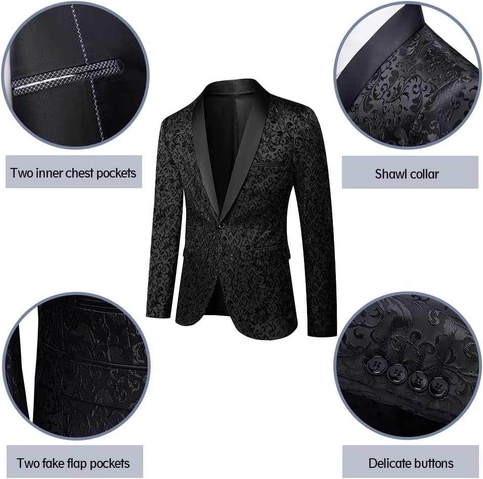 Schwarzes Herren-Sakko mit Paisley-Muster, Schalkragen, eleganten Knöpfen, zwei Innentaschen.