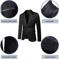 Schwarzes Herren-Sakko mit Paisley-Muster, Schalkragen, eleganten Knöpfen, zwei Innentaschen.
