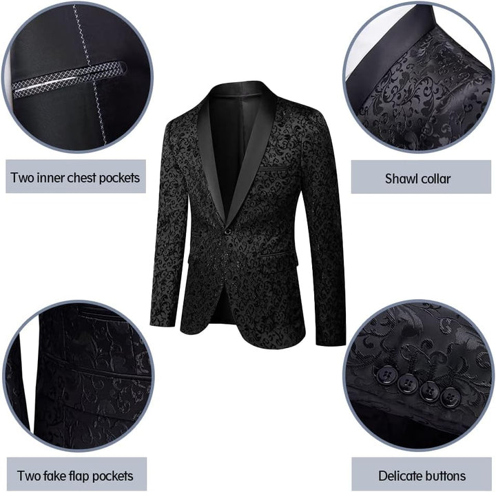 Schwarzes Herren-Sakko mit Paisley-Muster, Schalkragen, eleganten Knöpfen, zwei Innentaschen.