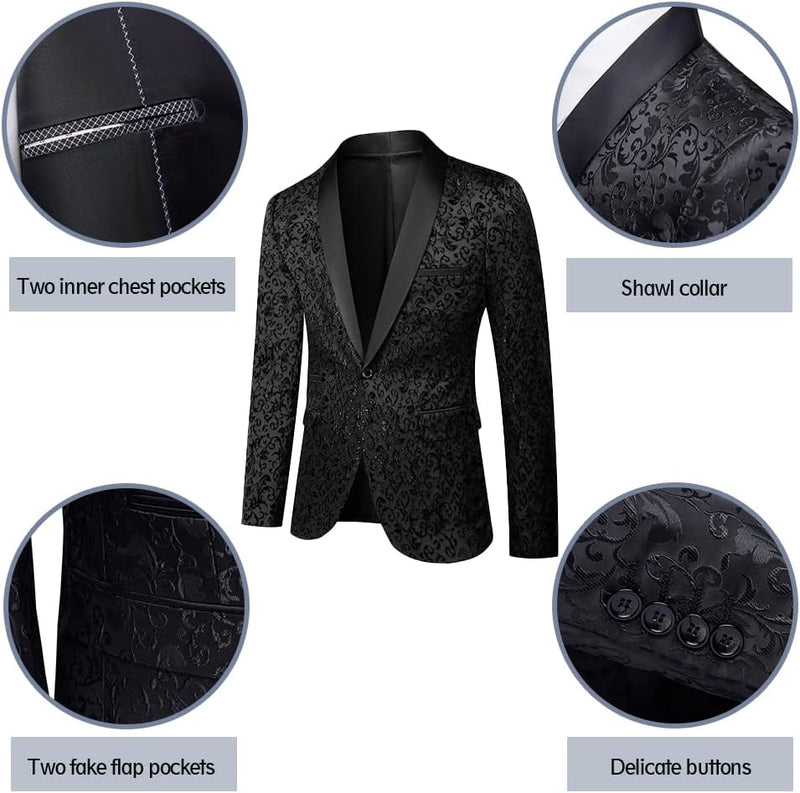 Schwarzes Herren-Sakko mit Paisley-Muster, Schalkragen, eleganten Knöpfen, zwei Innentaschen.