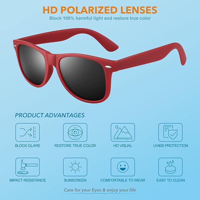 Rote Sonnenbrille mit HD polarisierten Gläsern, UV400 Schutz, blendfrei, komfortabel.