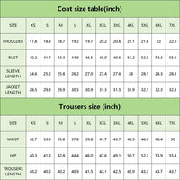 Größentabelle für Mäntel und Hosen in Zoll, XS bis 7XL, grün, detaillierte Maße.